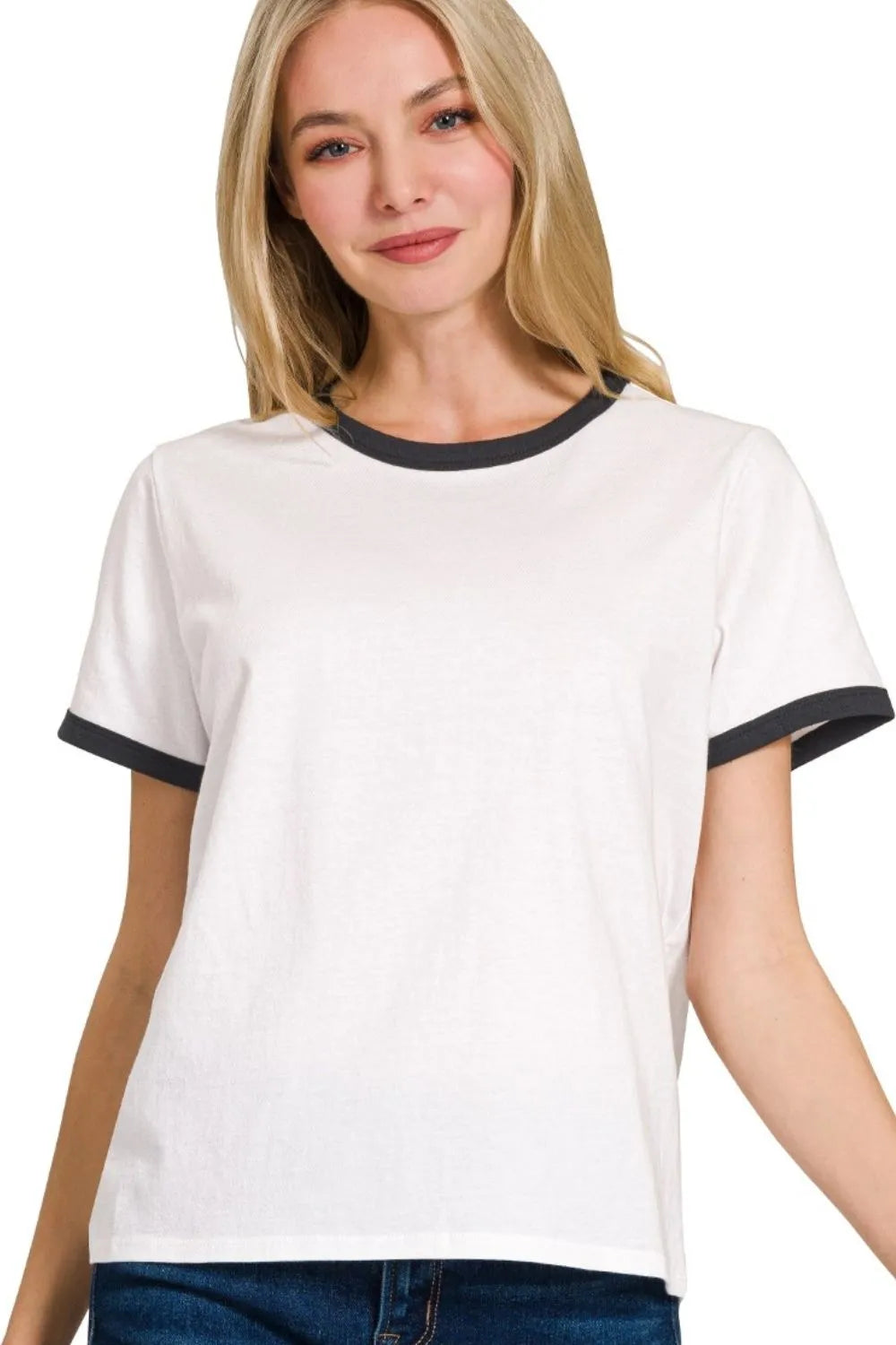 Sarah Express Women's Contrast Binding Ringer Tee | White Black Trim | 100% Cotton | S-L