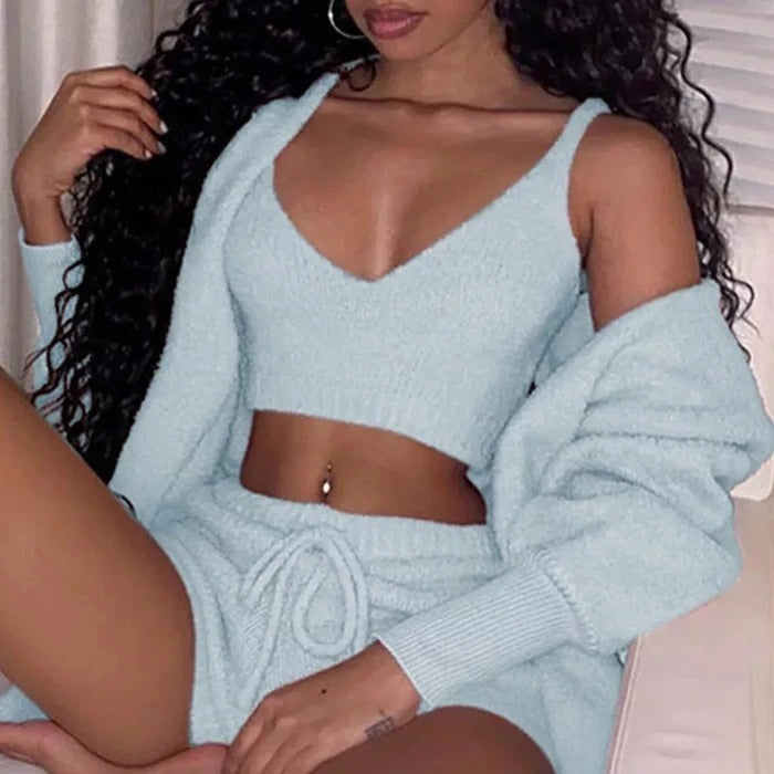 Women's 3-Piece Velvet Pajama Set Long Sleeve Jacket Crop Tank Shorts