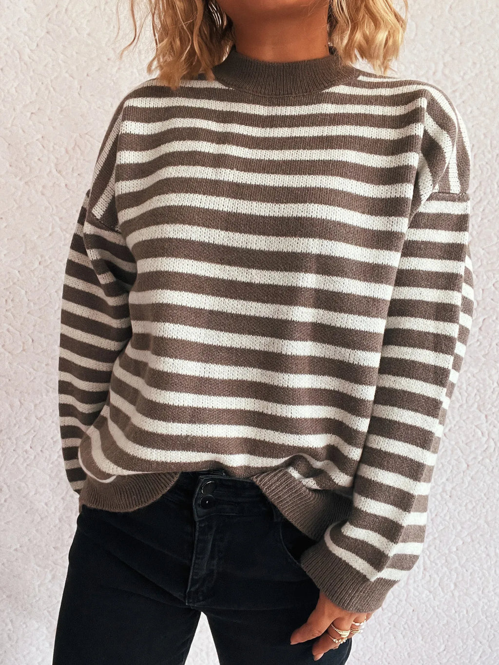 Sarah Express Women's Striped Mock Neck Long Sleeve Sweater - Oversized Ribbed Knit Top
