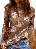 Sarah Express Women's Floral Print Waffle Textured Long Sleeve Top Brown