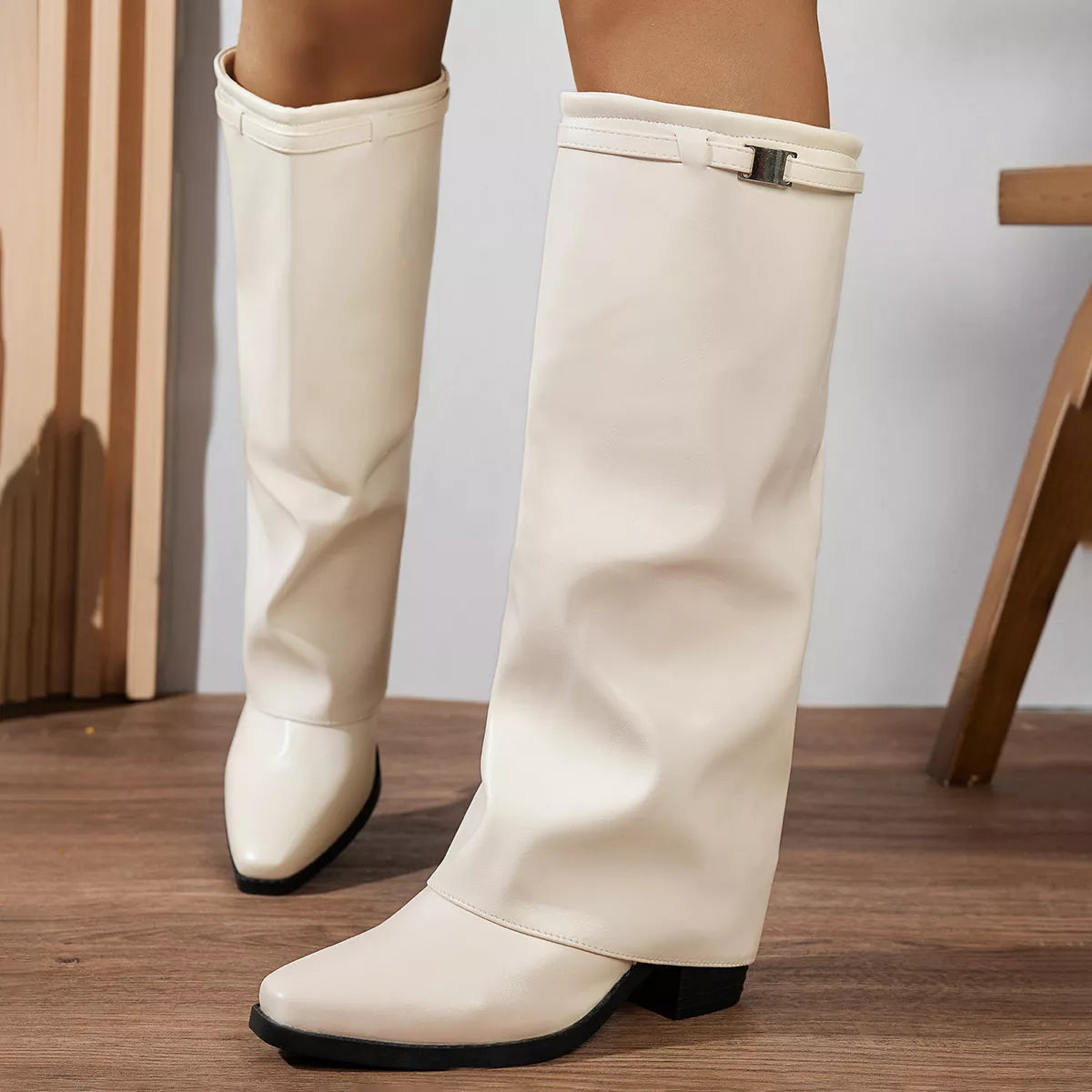 Sarah Express Women's Knee-High Block Heel Boots | Stable Block Heel | PU Leather | Black & Beige Beige