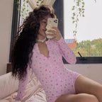 Floral V-Neck Double Breasted Long Sleeve Romper Shorts Jumpsuit