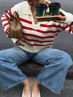 Sarah Express Women's Striped Knit Polo Collar Sweater