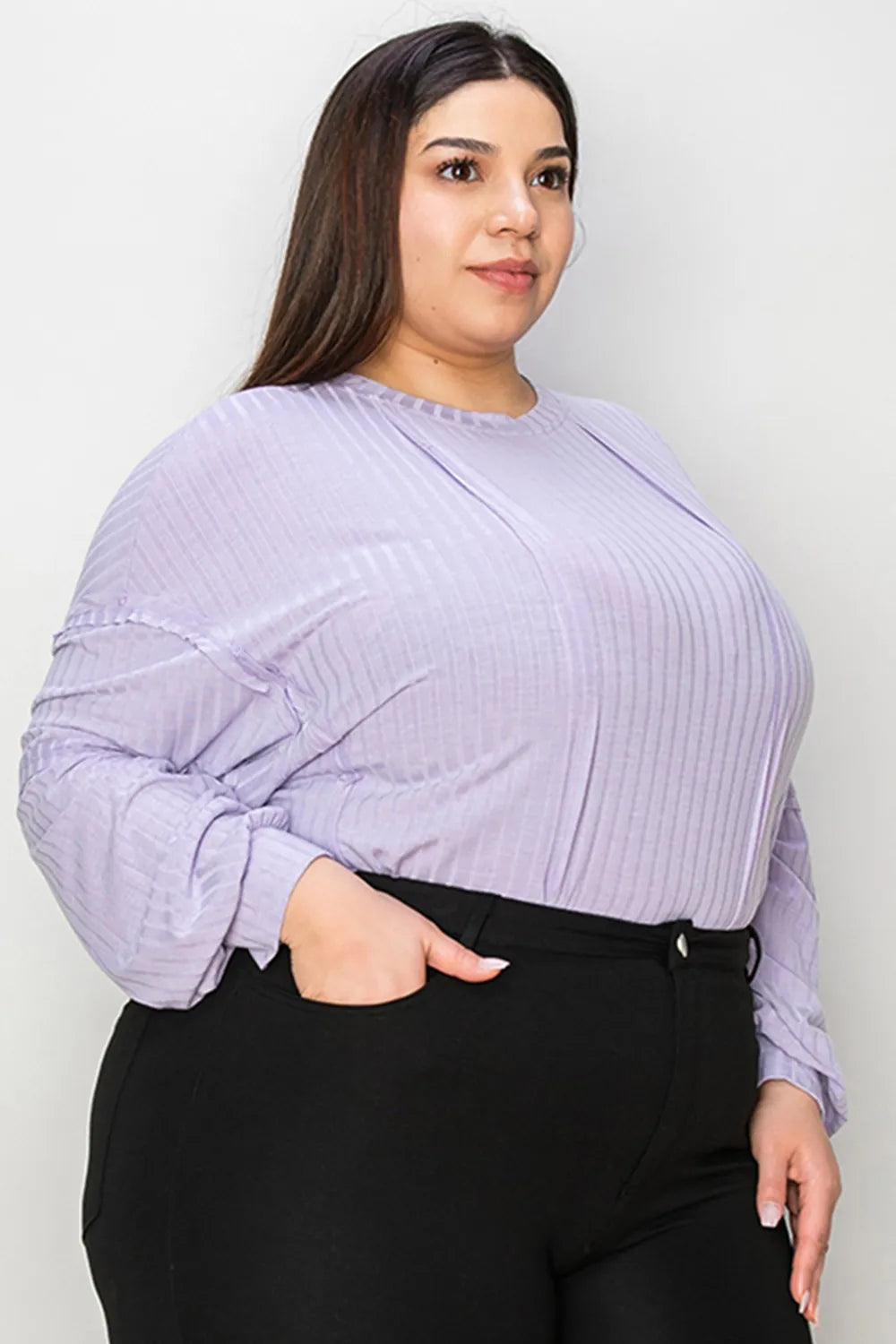 Sarah Express Women’s Plus Size Ribbed Long Sleeve T-Shirt with Exposed Seam
