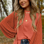 Round Neck Chiffon Blouse Long Sleeve Solid Color Casual Top