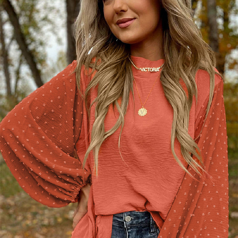 Round Neck Chiffon Blouse Long Sleeve Solid Color Casual Top