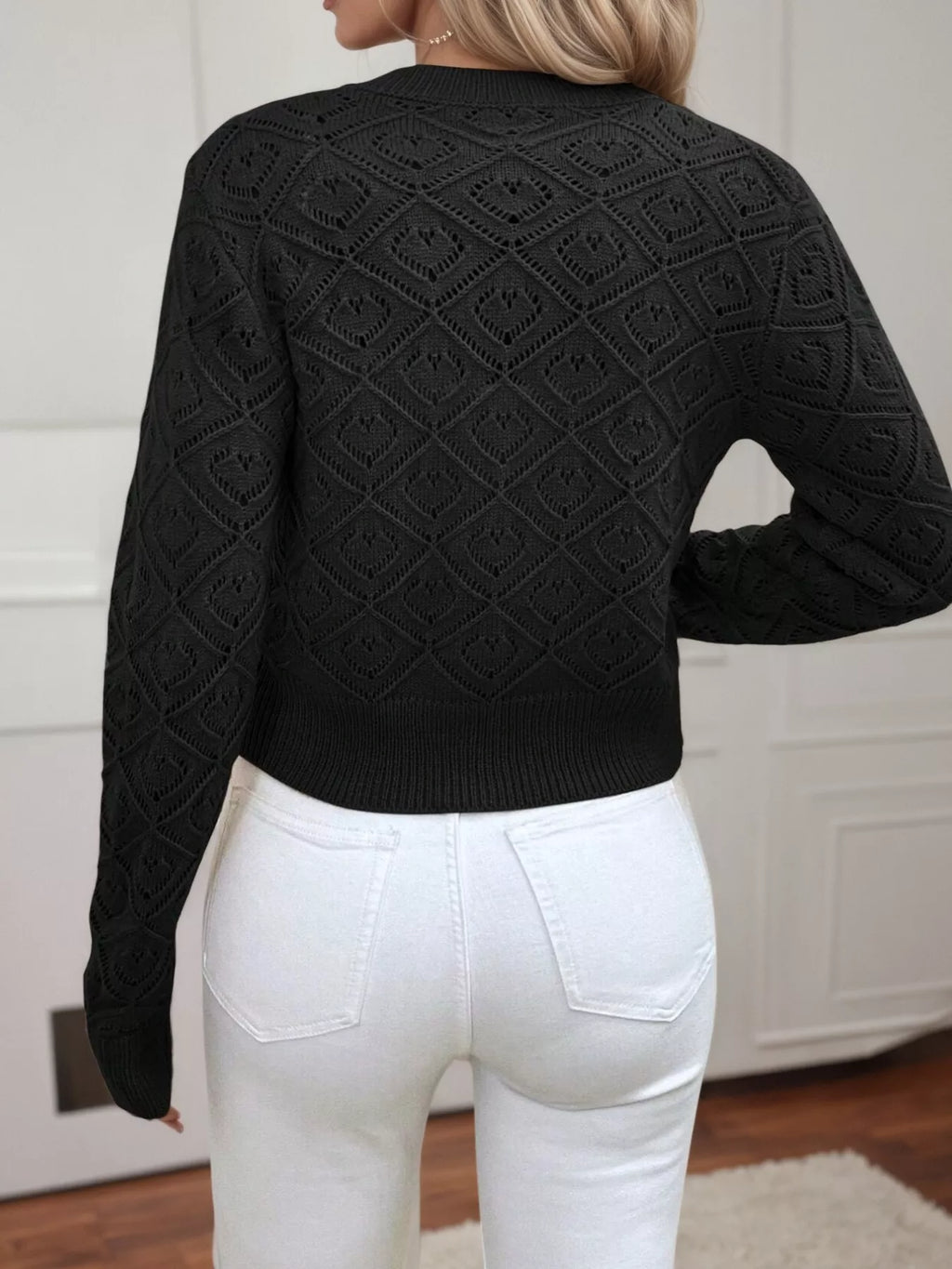 Sarah Express Women's Openwork Button Up Long Sleeve Cardigan