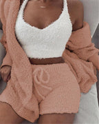Women's 3-Piece Velvet Pajama Set Long Sleeve Jacket Crop Tank Shorts