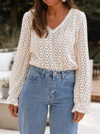 Sarah Express Women's Crochet Lace V-Neck Long Sleeve Blouse