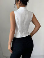 Striped Sleeveless Button-Down Blouse Slim Fit