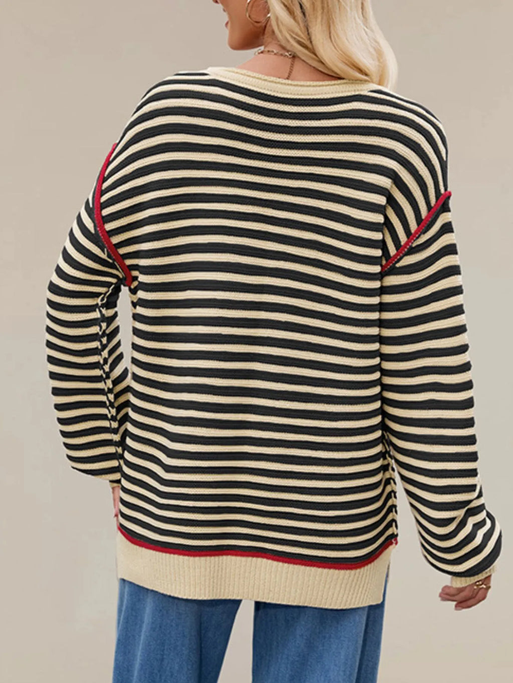 Sarah Express Women's Slit Striped Oversized Sweater