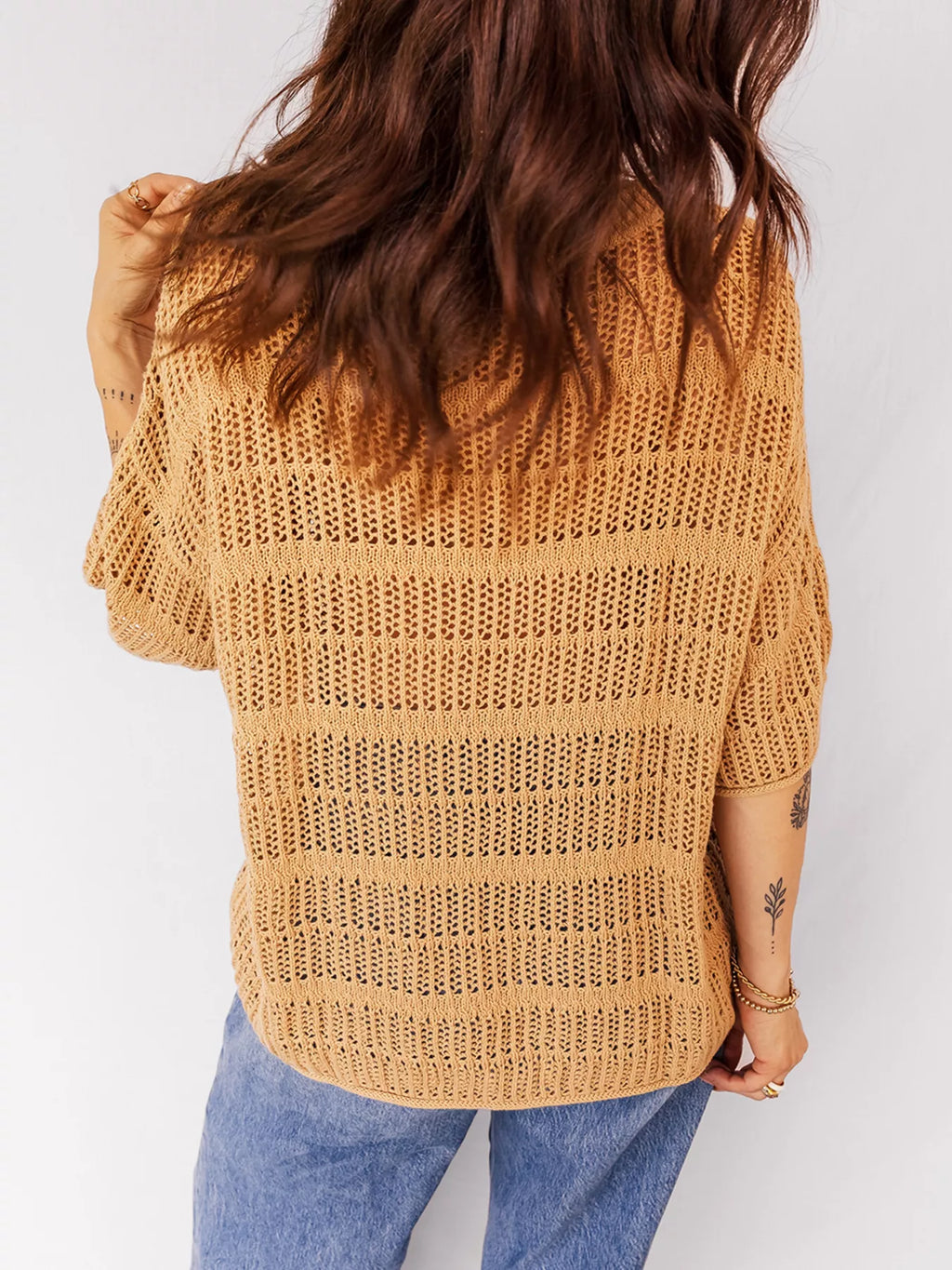 Sarah Express Women's Hollow Out Openwork Knit 3/4 Sleeve Sweater