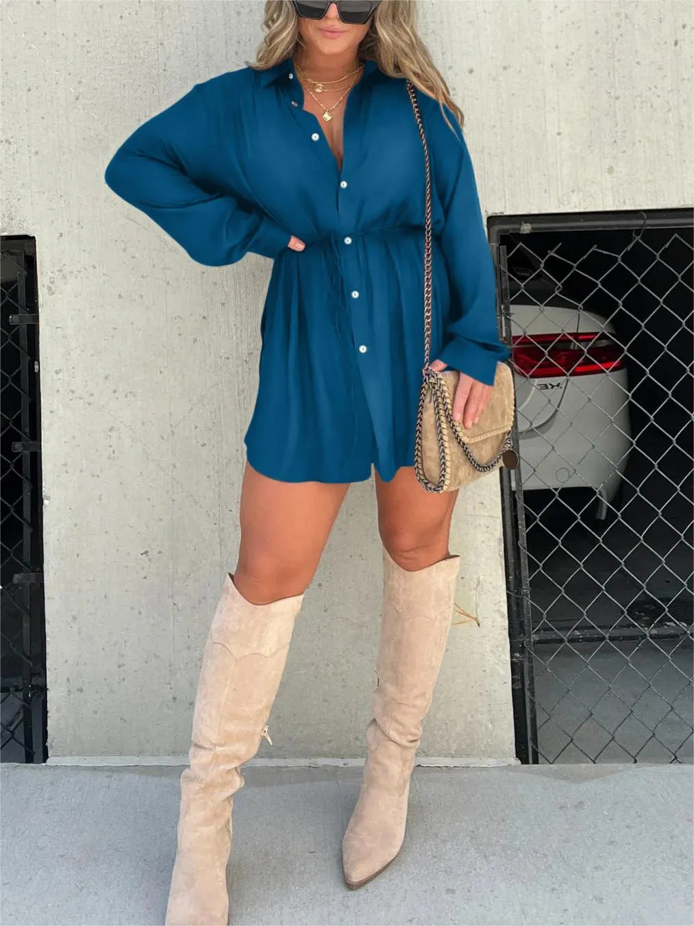 Women's Long Sleeve Button-Down Romper Shorts Jumpsuit