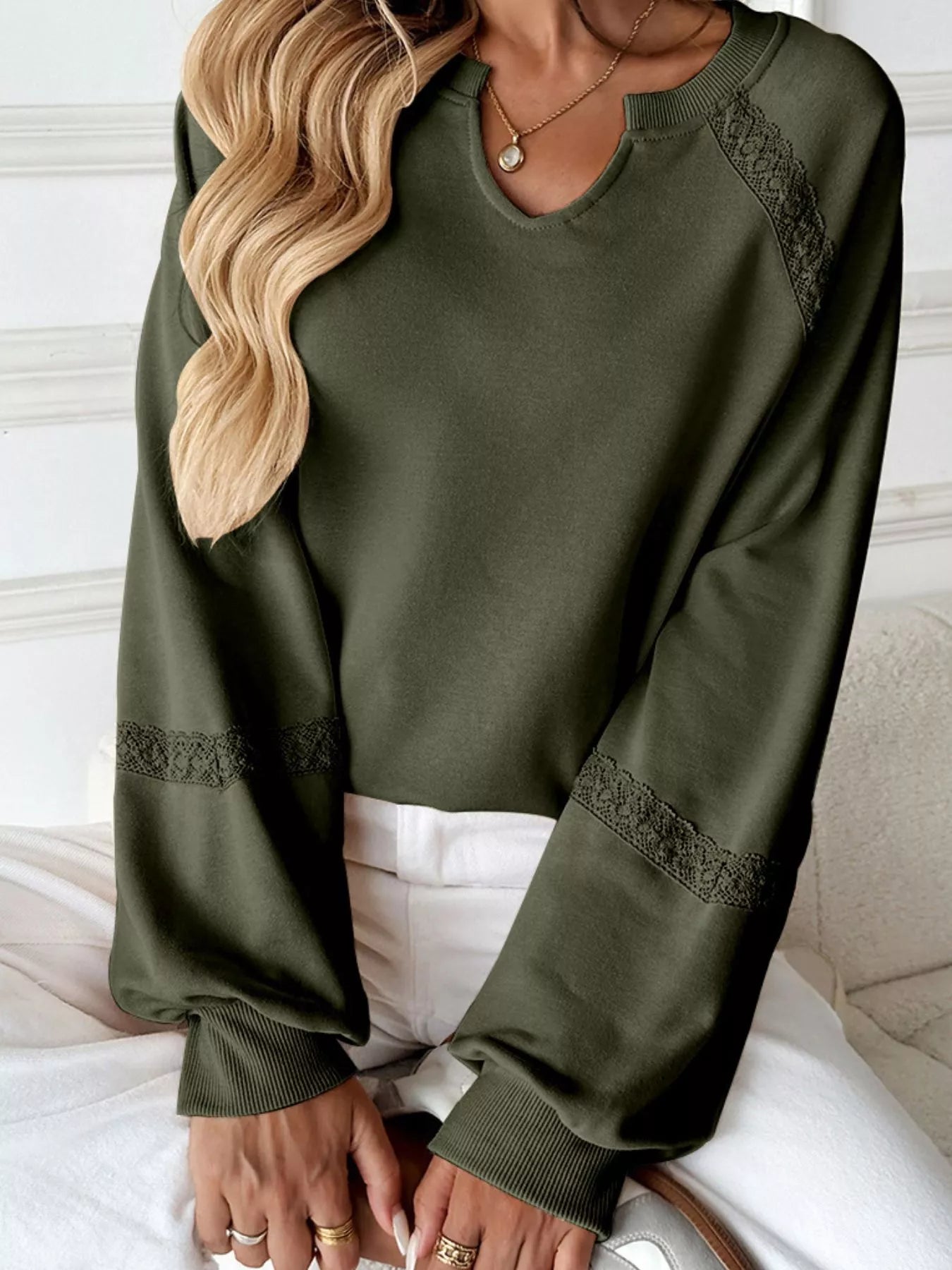 Sarah Express Women's Notched Raglan Sleeve Sweatshirt with Lace Detail