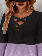 Sarah Express Women's Crisscross V-Neck Color Block Long Sleeve T-Shirt