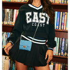 Women's Letter Print V-Neck Sweater Pleated Skirt Two-Piece Set