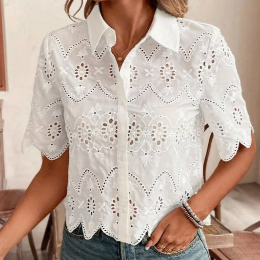 Women's Classic White Short Sleeve Shirt Elegant Blouse