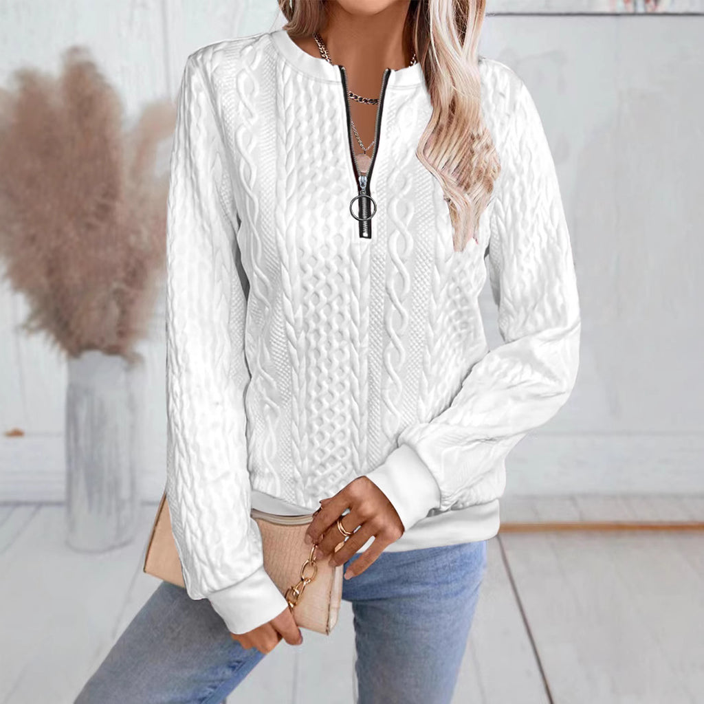 Women's Zipper Detail Long Sleeve Sweater Casual Loose Fit Pullover Top