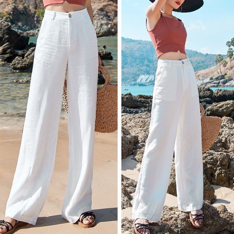 Women's High Waist Straight Leg Cotton Linen Pants Loose Fit Lightweight Summer Trousers