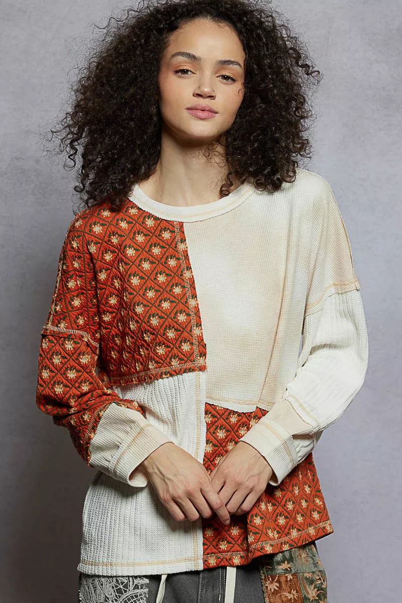 Sarah Express Women's Contrast Patchwork Round Neck Long Sleeve Top CREAM MUTLI