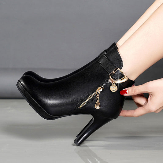 Sarah Express Women's Pointed-Toe Stiletto Boots | PU Leather High Heel Ankle Boots