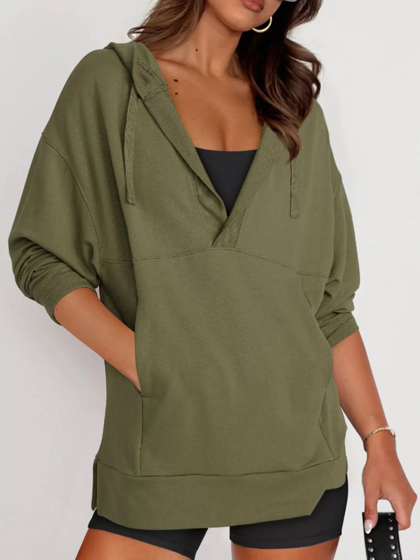 Sarah Express Women's Drawstring Kangaroo Pocket Long Sleeve Hoodie Moss