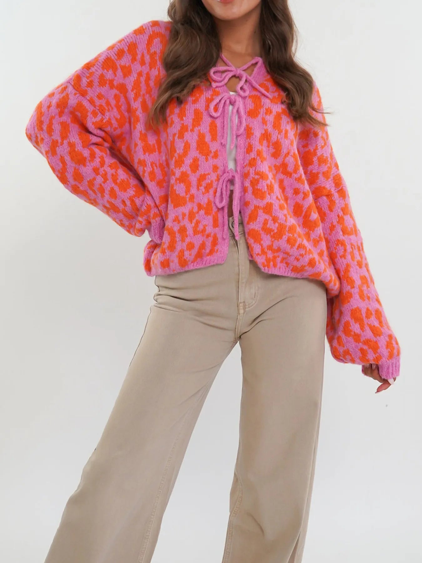 Sarah Express Women's Leopard Tie Front Cardigan