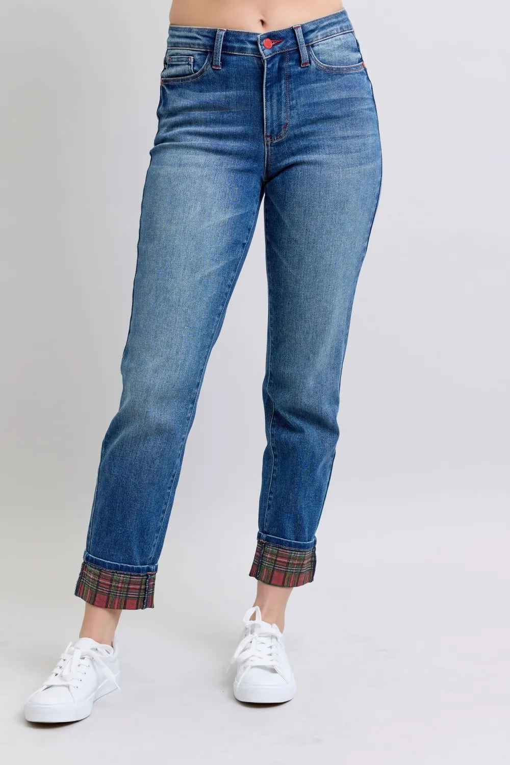 Sarah Express Women’s Plus Size Straight Leg Jeans with Plaid Cuff