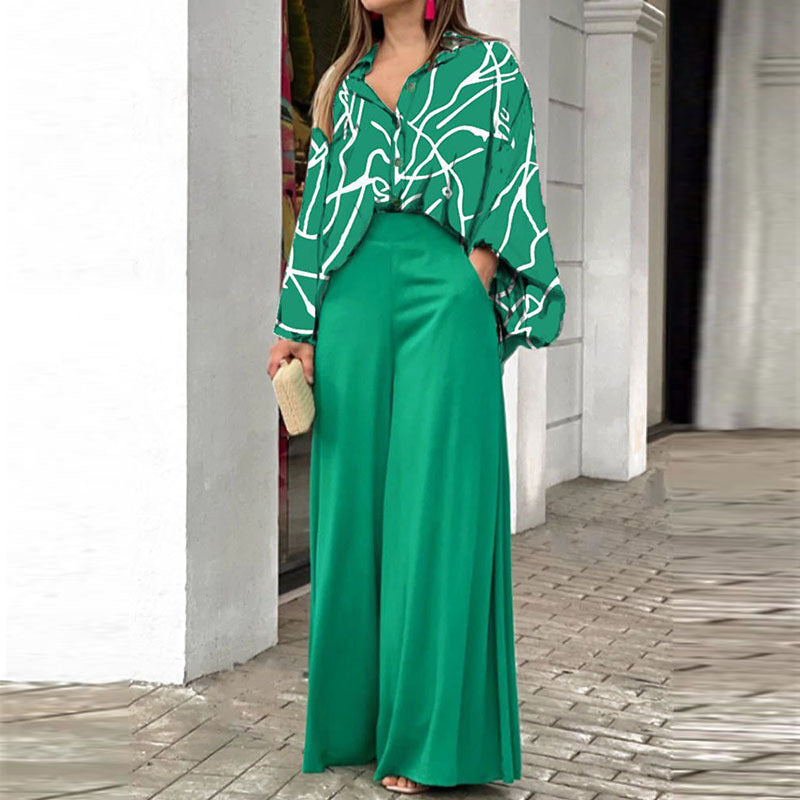 Women's Loose Elegant Printed Shirt and Wide Leg Pants Two-Piece Set
