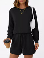 Sarah Express Women's Round Neck Long Sleeve Top and Shorts Set - Two Piece Loungewear