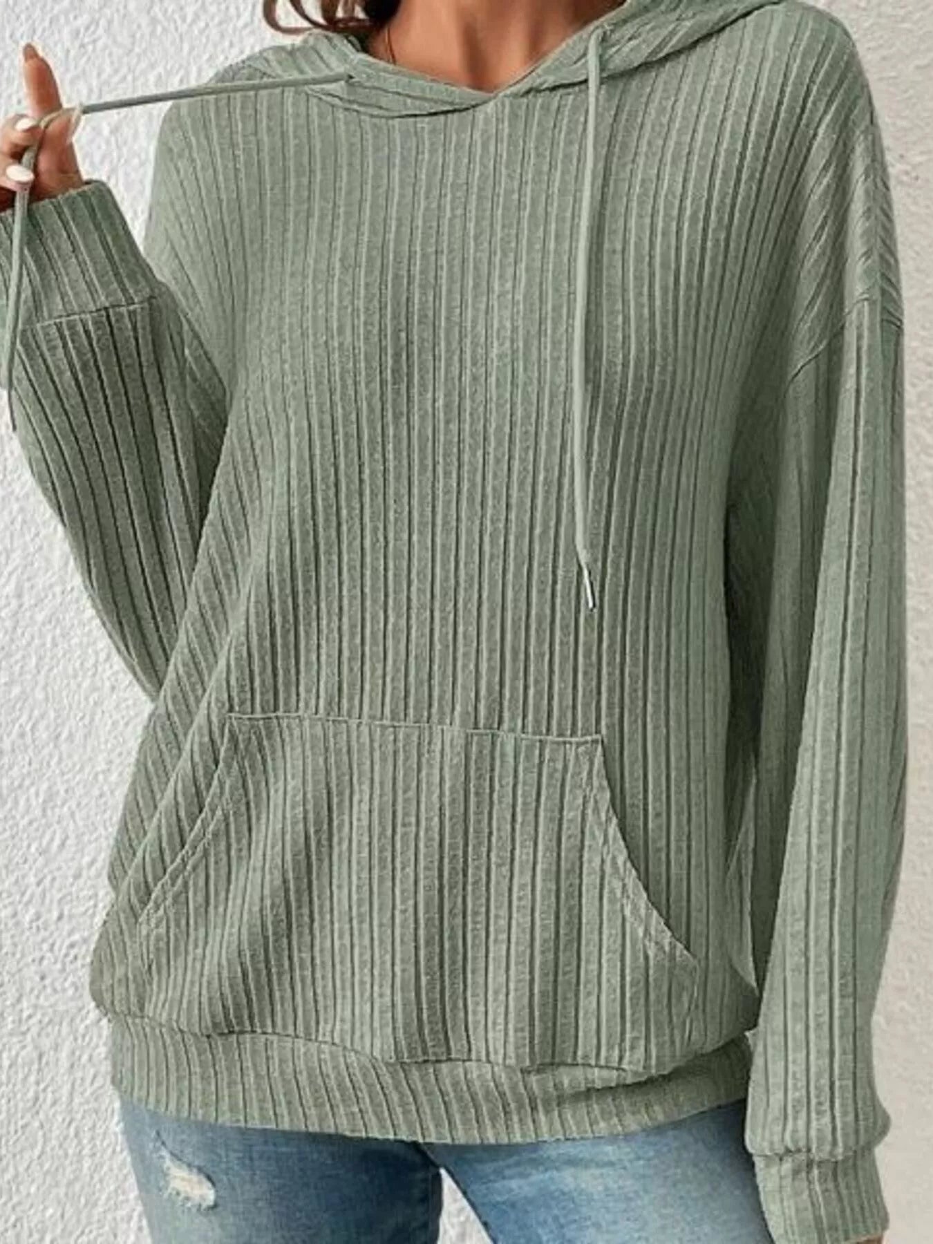 Sarah Express Women's Ribbed Knit Long Sleeve Drawstring Hoodie Green