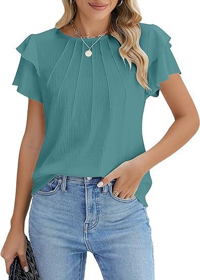 Women's Pleated Round Neck Blouse Short Sleeve Professional Work Top