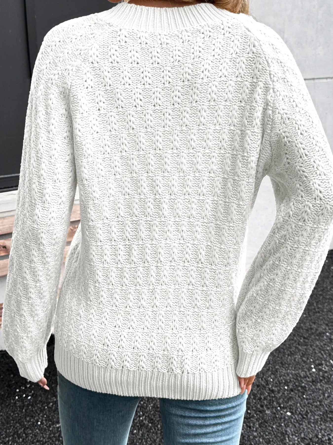 Sarah Express Women's Textured Knit Ribbed Edge V Neck Loose Sweater