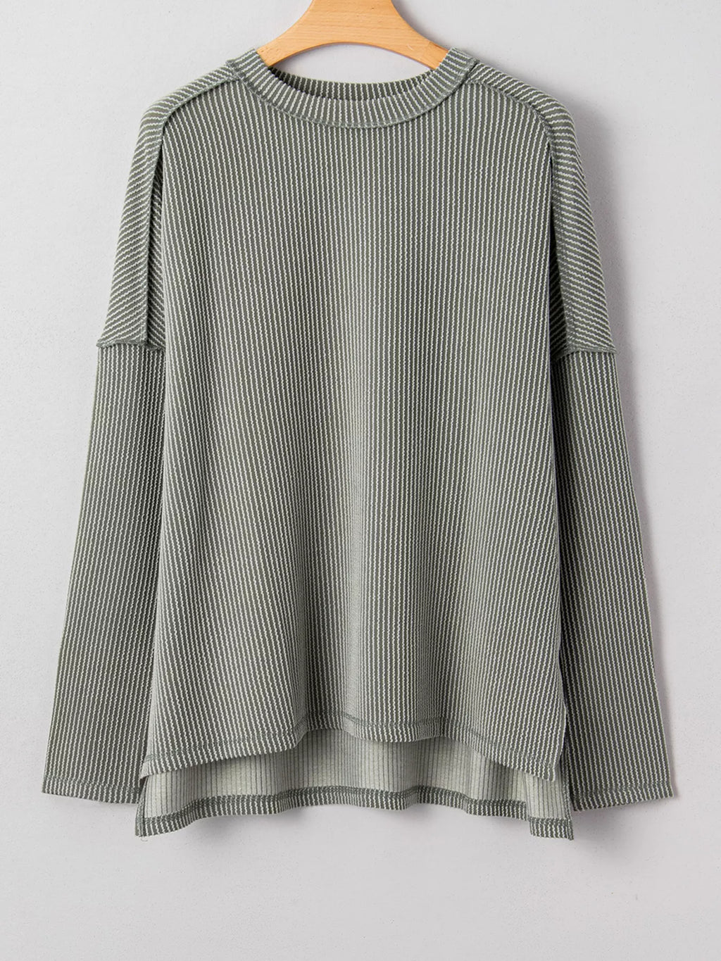 Sarah Express Women's Twist Ribbed Exposed Seam Detail Long Sleeve Loose Top