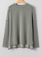 Sarah Express Women's Twist Ribbed Exposed Seam Detail Long Sleeve Loose Top