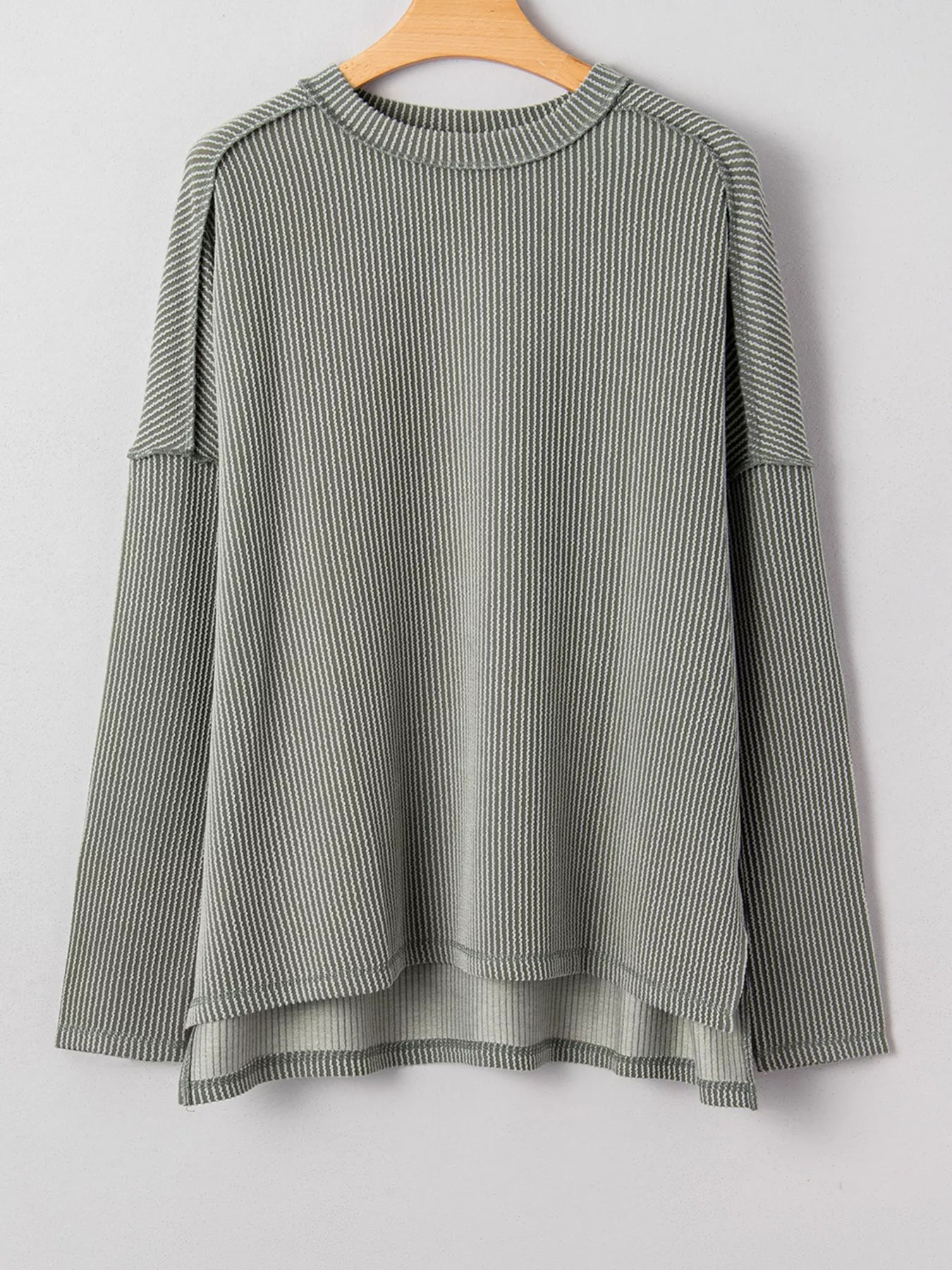 Sarah Express Women's Twist Ribbed Exposed Seam Detail Long Sleeve Loose Top