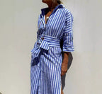 Women's Striped Shirt Dress Button Front Maxi with Belt