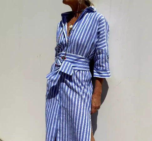 Women's Striped Shirt Dress Button Front Maxi with Belt