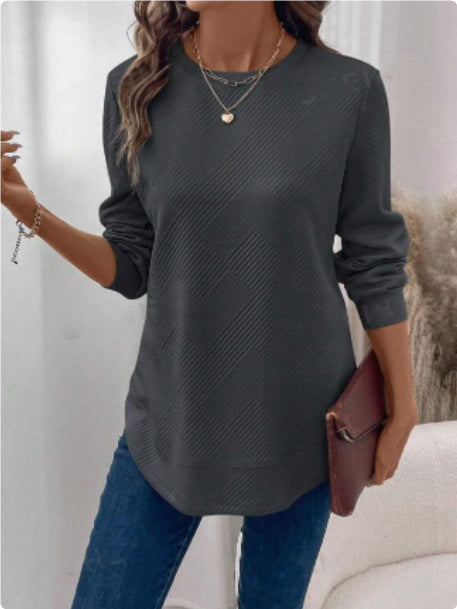 Women's Crew Neck Long Sleeve Casual Shirt Embossed Texture