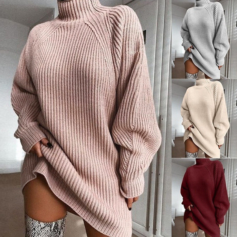 Women's Turtleneck Sweater Dress Long Sleeve Knit Winter Warm Midi Length