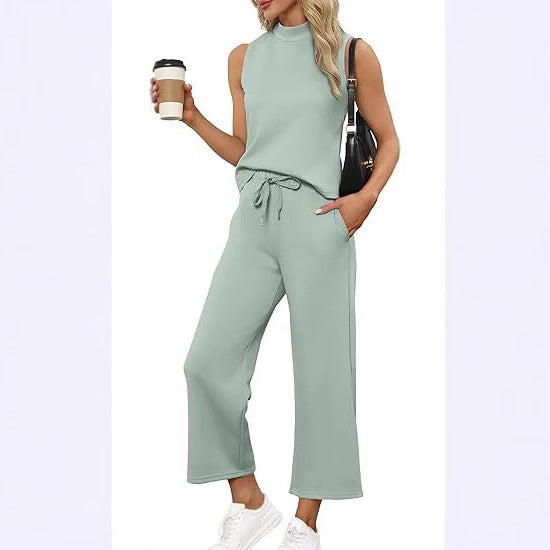 Women's Sleeveless Top Wide Leg Cropped Pants Two-Piece Set Matching Outfit