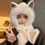 Furry Fox Ear Winter Hat with Neck Warmer Windproof Accessory