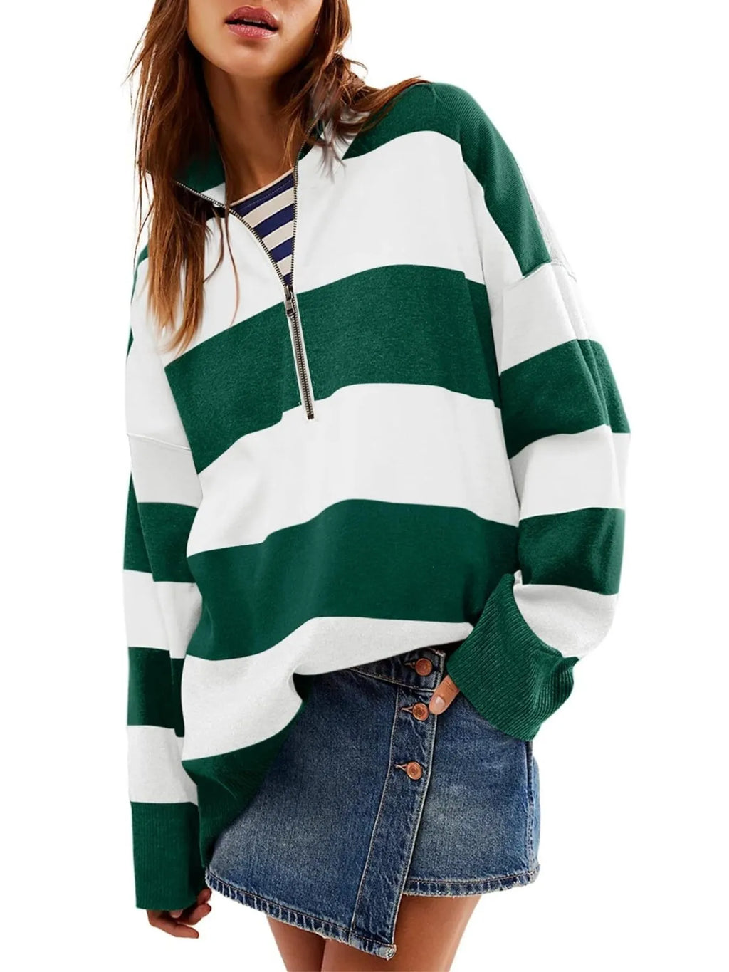 Sarah Express Women's Striped Half-Zip Oversized Sweatshirt - Retro Color Block Pullover