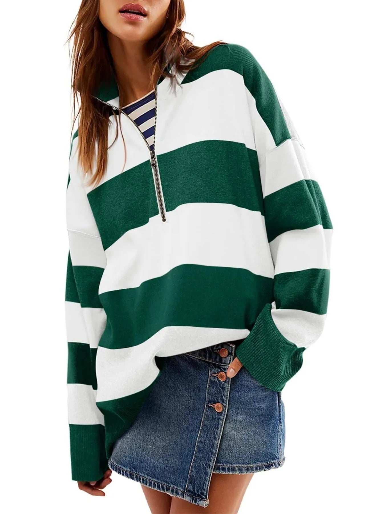 Sarah Express Women's Striped Half-Zip Oversized Sweatshirt - Retro Color Block Pullover