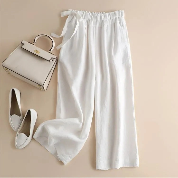 High Waist Lace-Up Cropped Pants Women's Elastic Waist Retro Cotton Casual Bottoms