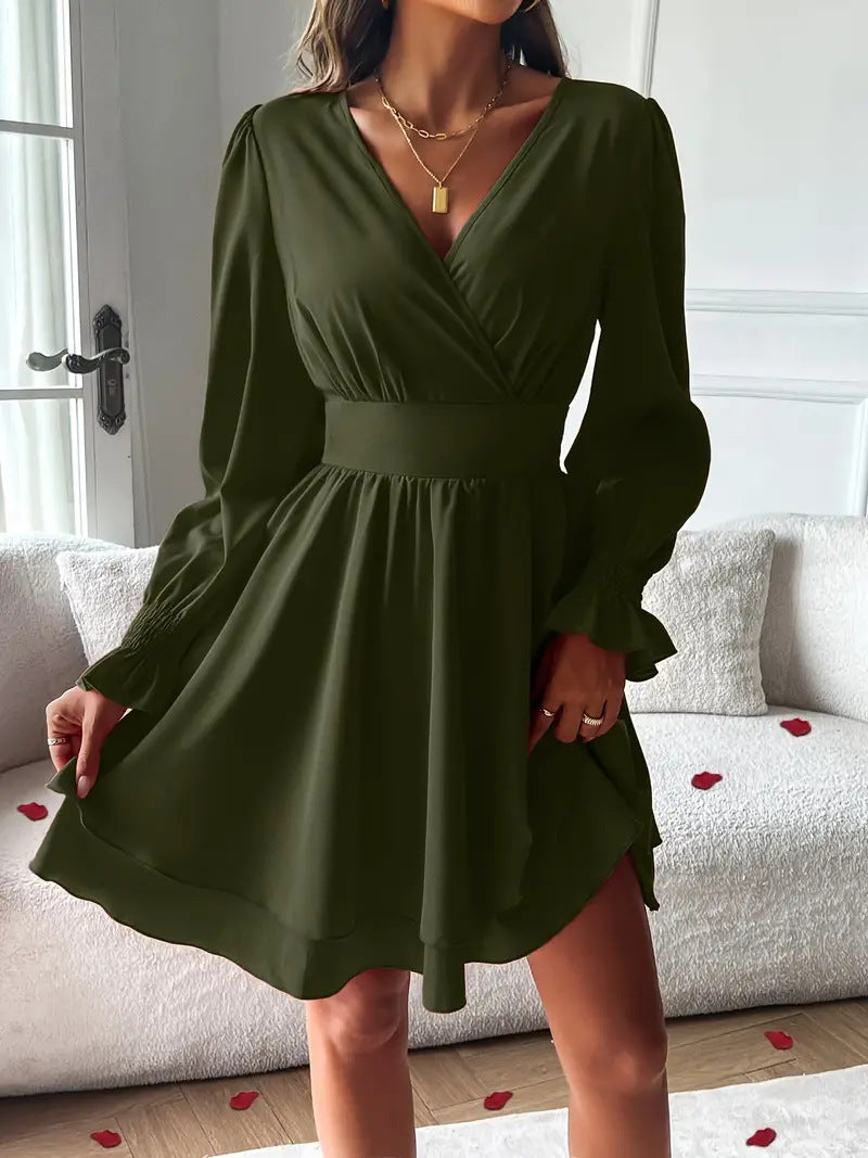 Women's V-Neck Long Sleeve Double Layer Skirt Work Dress