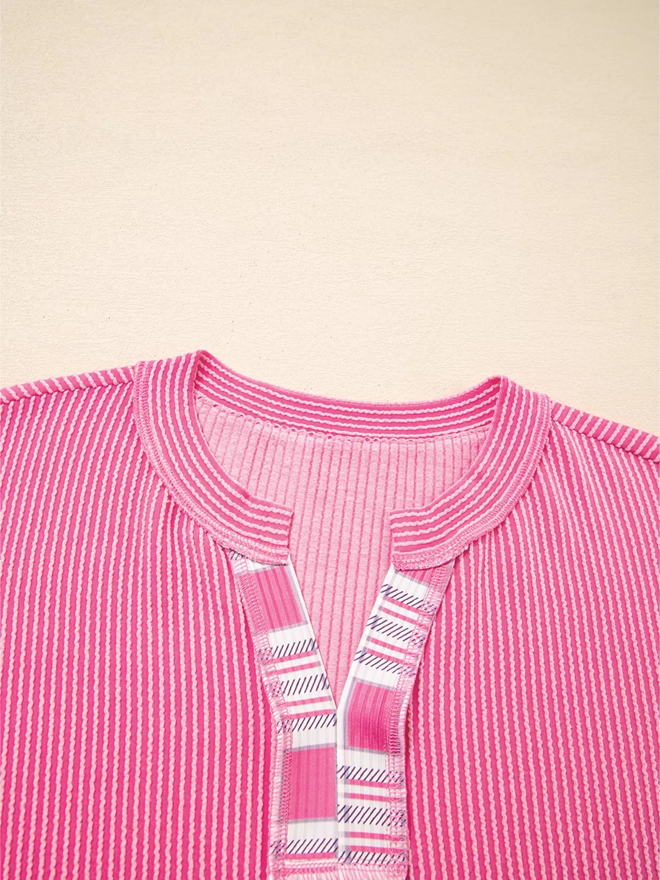 Sarah Express Women's Corded Texture Plaid Color Block Patchwork Split Neck Long Sleeve Top