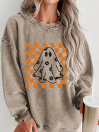 Sarah Express Women's Halloween Checkerboard Floral Ghost Graphic Corded Sweatshirt