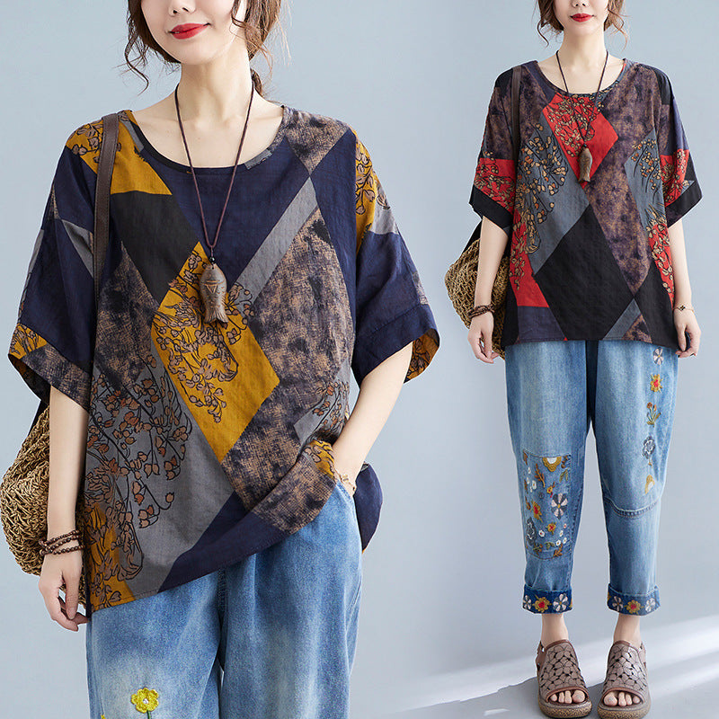 Sarah Express Women's Retro Print Round Neck T-Shirt Loose Fit Short Sleeve Cotton Blend Top