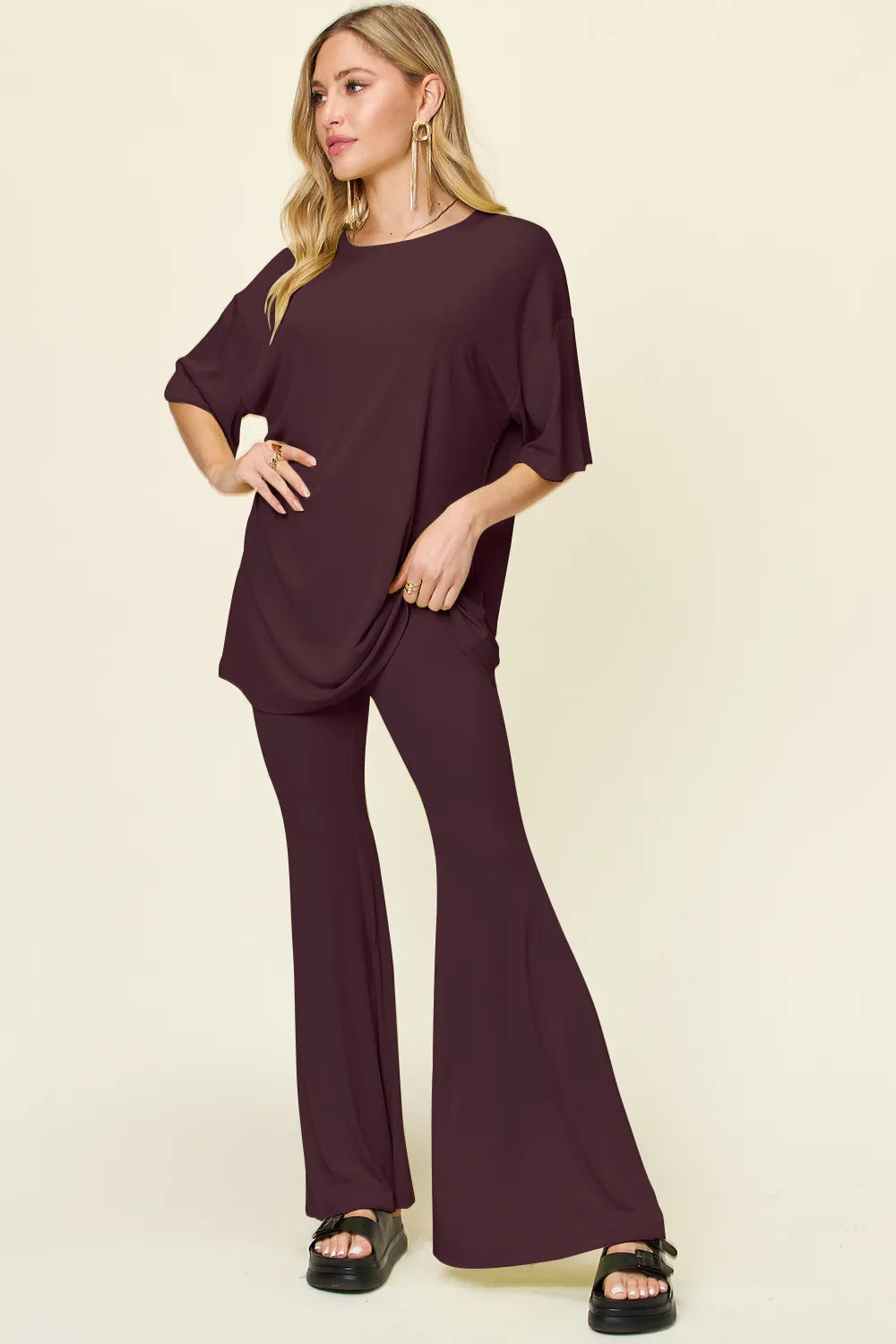 Sarah Express Women's Round Neck Drop Shoulder T-Shirt and Flare Pants Set